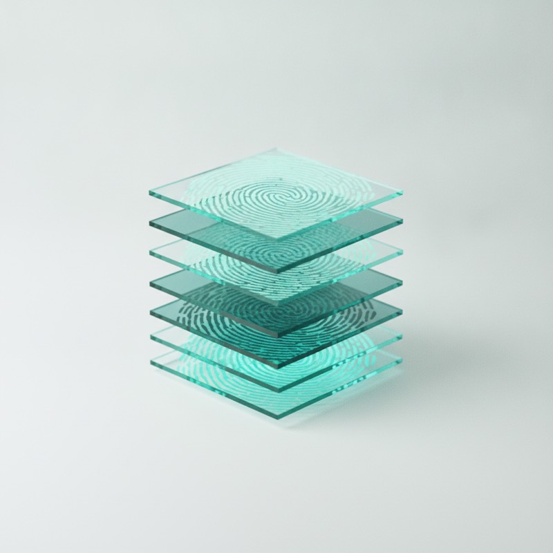 Stacked translucent glass plates etched with a fingerprint pattern — the mark used for snapshot hashes