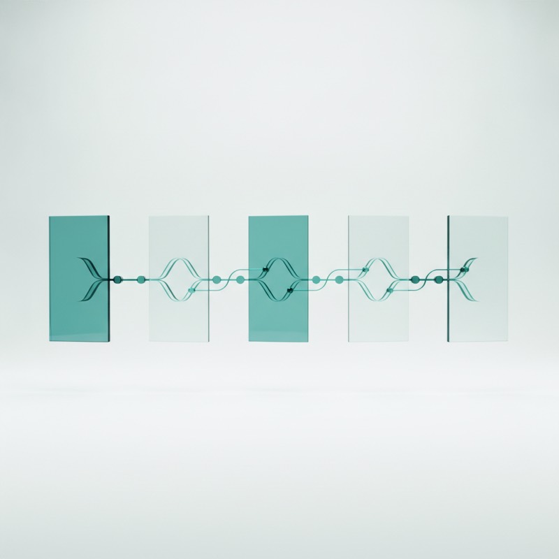 Five translucent glass panels in a row joined by fine lines — the mark used for the daily pipeline
