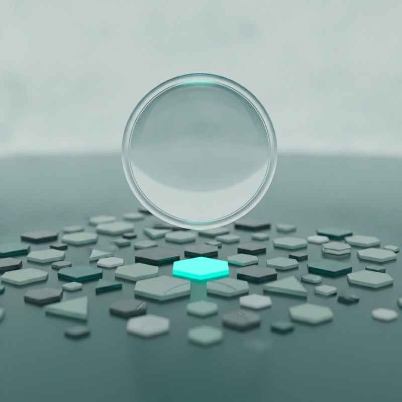 A translucent glass magnifier over a field of tiles — the mark used for questions
