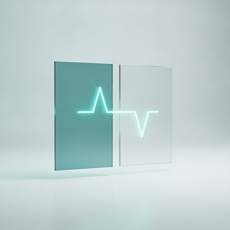 Two translucent glass panels with a line traced between them, the mark used for a comparison of two days