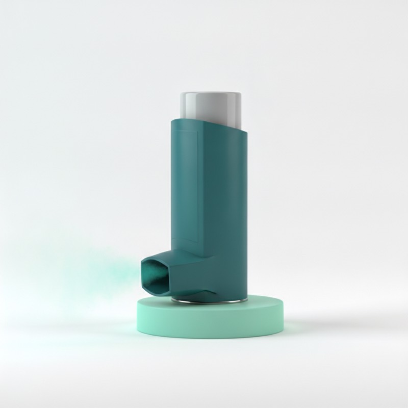 Illustration of a inhaler, the dosage form this product is supplied in. Generic render, not a photograph of this medication.